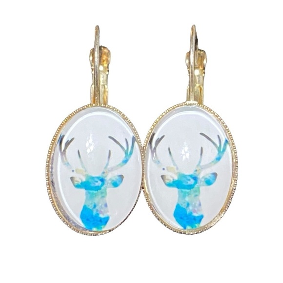 Deer Buck Oval Glass Drop Earrings 1” Gold Woodland Forestcore Nature Rustic - Picture 1 of 4